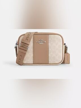 Coach Beige/Tan Signature Stripe Crossbody Camera Bag
